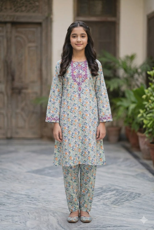 Baagh-e-Rang — Multifloral Embroidered Kurta Set|باغِ رنگ Ditsy Floral Print Girls' Shalwar Kameez
