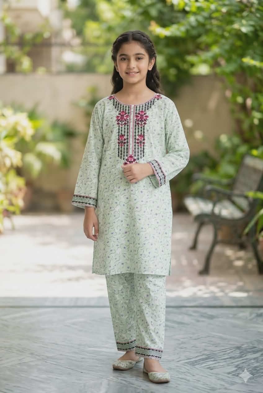 Girls mint green vine print embroidered kurta set with wide-leg trousers — Nasreen Pakistani shalwar kameez for kids