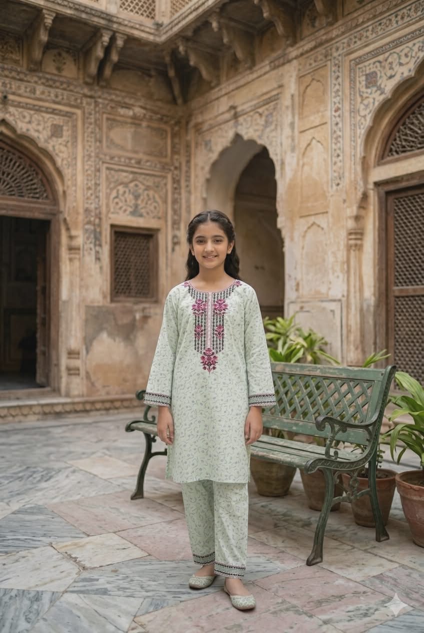 Nasreen- Mint Vine Embroidered Kurta Set  نسرین  | Wild Rose Delicate Vine Print Girls' Shalwar Kameez