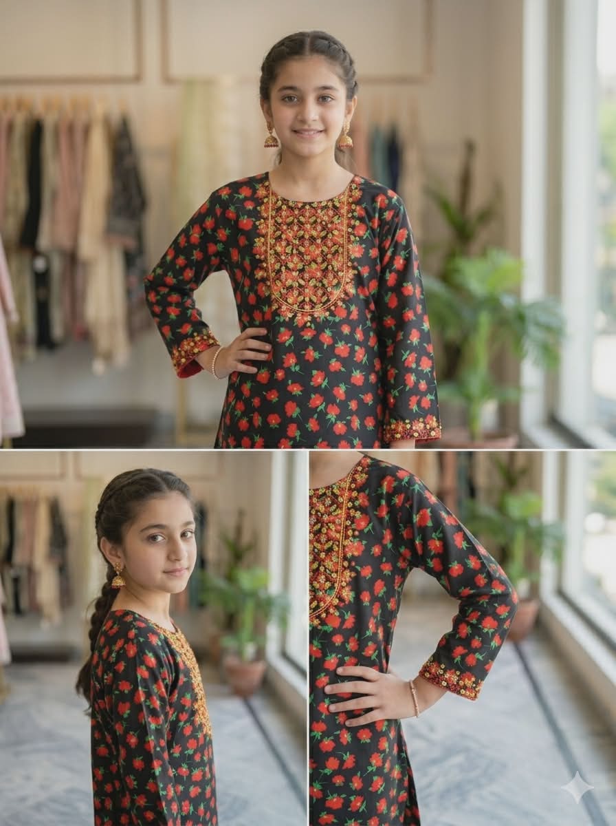 Girls black red rose print embroidered kurta set with gold yoke — Pakistani party wear shalwar kameez