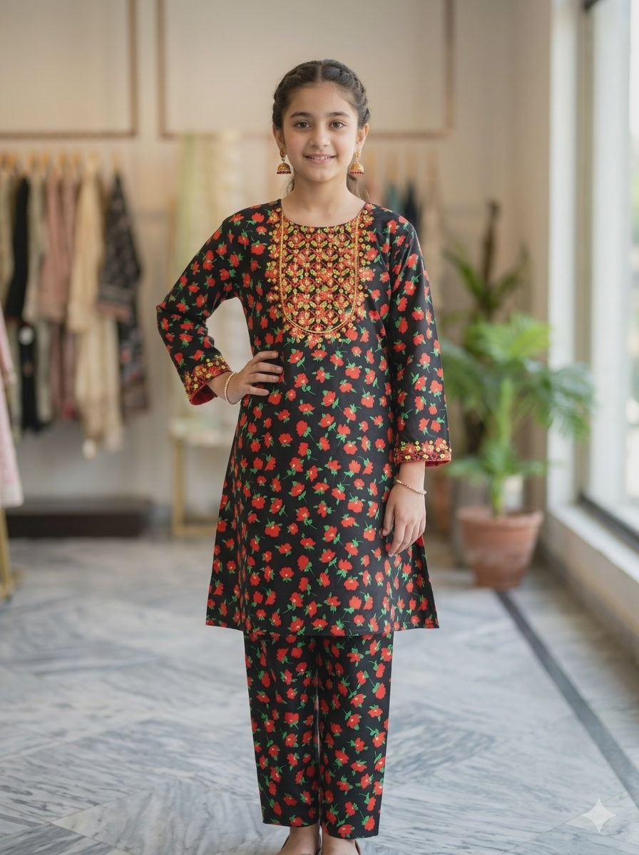 Girls black red rose print embroidered kurta set with gold yoke — Pakistani party wear shalwar kameez