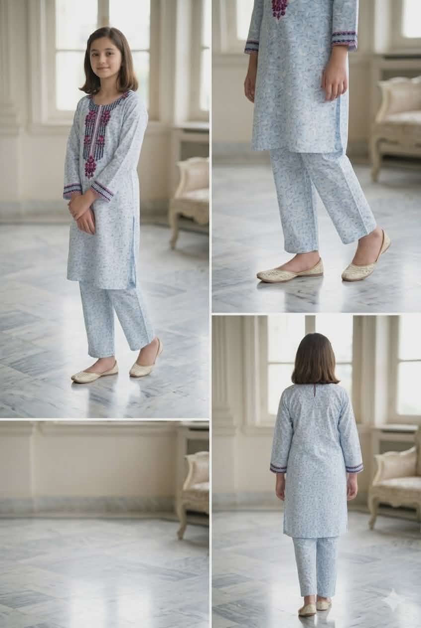 Gulbahar — Sky Blue Embroidered Kurta Set| Floral Print Pakistani Shalwar Kameez for Girls