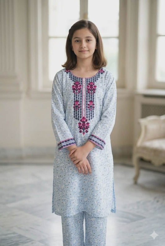 Gulbahar — Sky Blue Embroidered Kurta Set| Floral Print Pakistani Shalwar Kameez for Girls