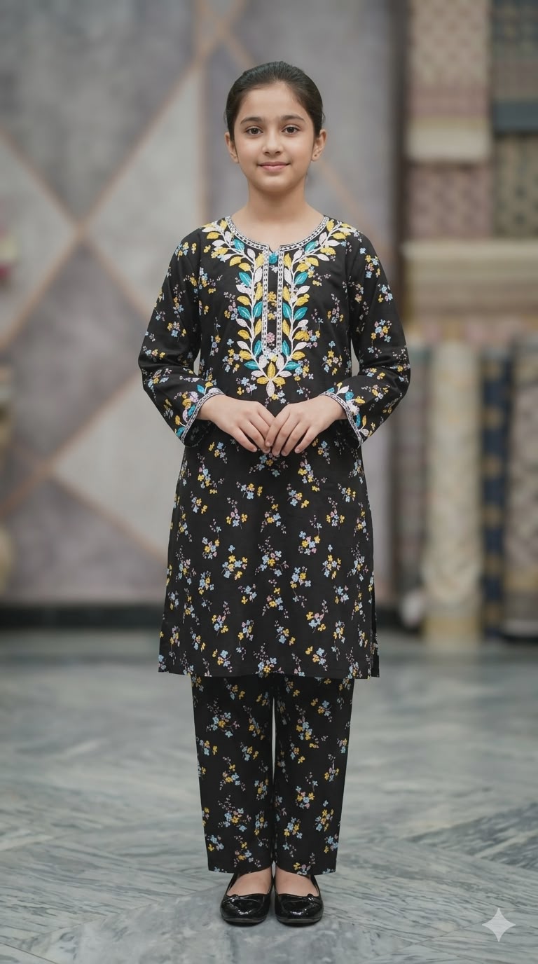 Young girl wearing luxury black floral embroidered 2-piece eastern outfit for girls by Perfect Collection