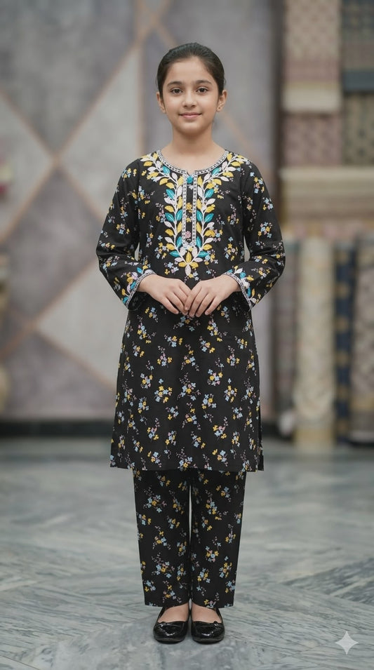 Young girl wearing luxury black floral embroidered 2-piece eastern outfit for girls by Perfect Collection